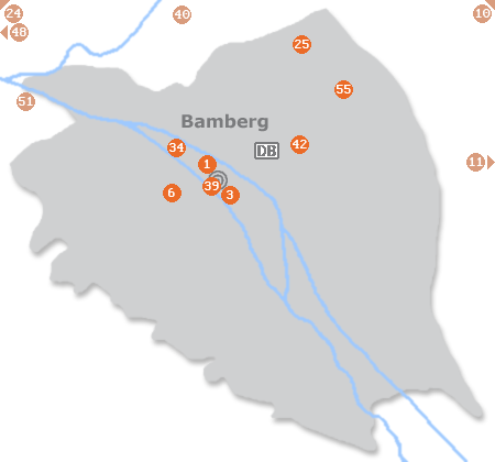 Karte mit Pensionen und anderen Unterkünften in Bamberg
