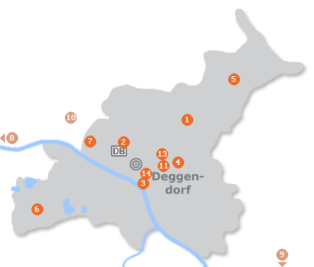 Karte mit Pensionen und anderen Unterkünften in Deggendorf