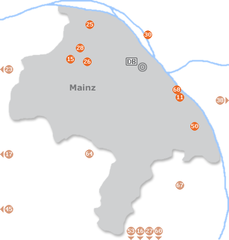 Karte mit Pensionen und anderen Unterkünften in Mainz