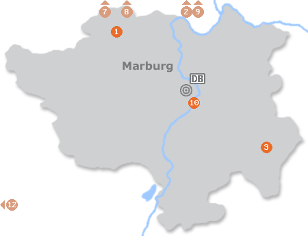 Karte mit Pensionen und anderen Unterkünften in Marburg