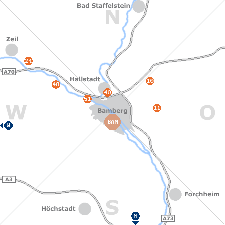 Karte mit Pensionen und anderen Unterkünften rund um Bamberg