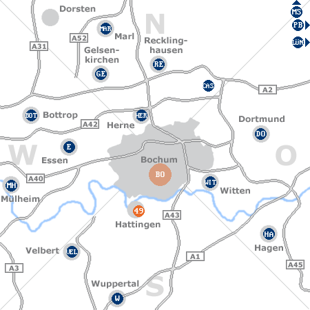 Karte mit Pensionen und anderen Unterkünften rund um Bochum