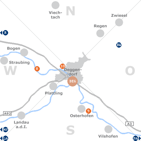 Karte mit Pensionen und anderen Unterkünften rund um Deggendorf