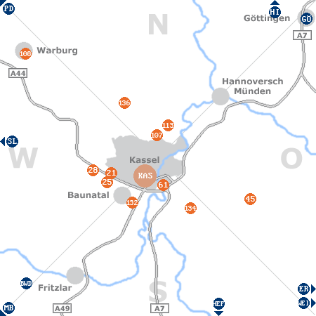 Karte mit Pensionen und anderen Unterkünften rund um Kassel