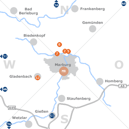 Karte mit Pensionen und anderen Unterkünften rund um Marburg